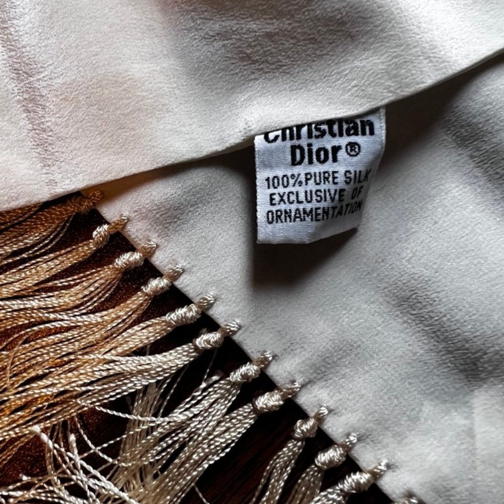 Vintage Christian Dior 100% Silk Scarf Ivory w Fringe